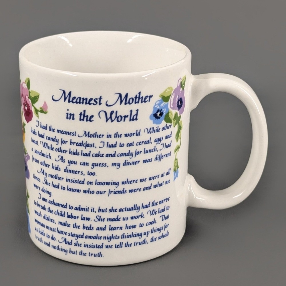Ganz Mugz Meanest Mother in the World Floral Ceramic Coffee Mug White, Chipped.